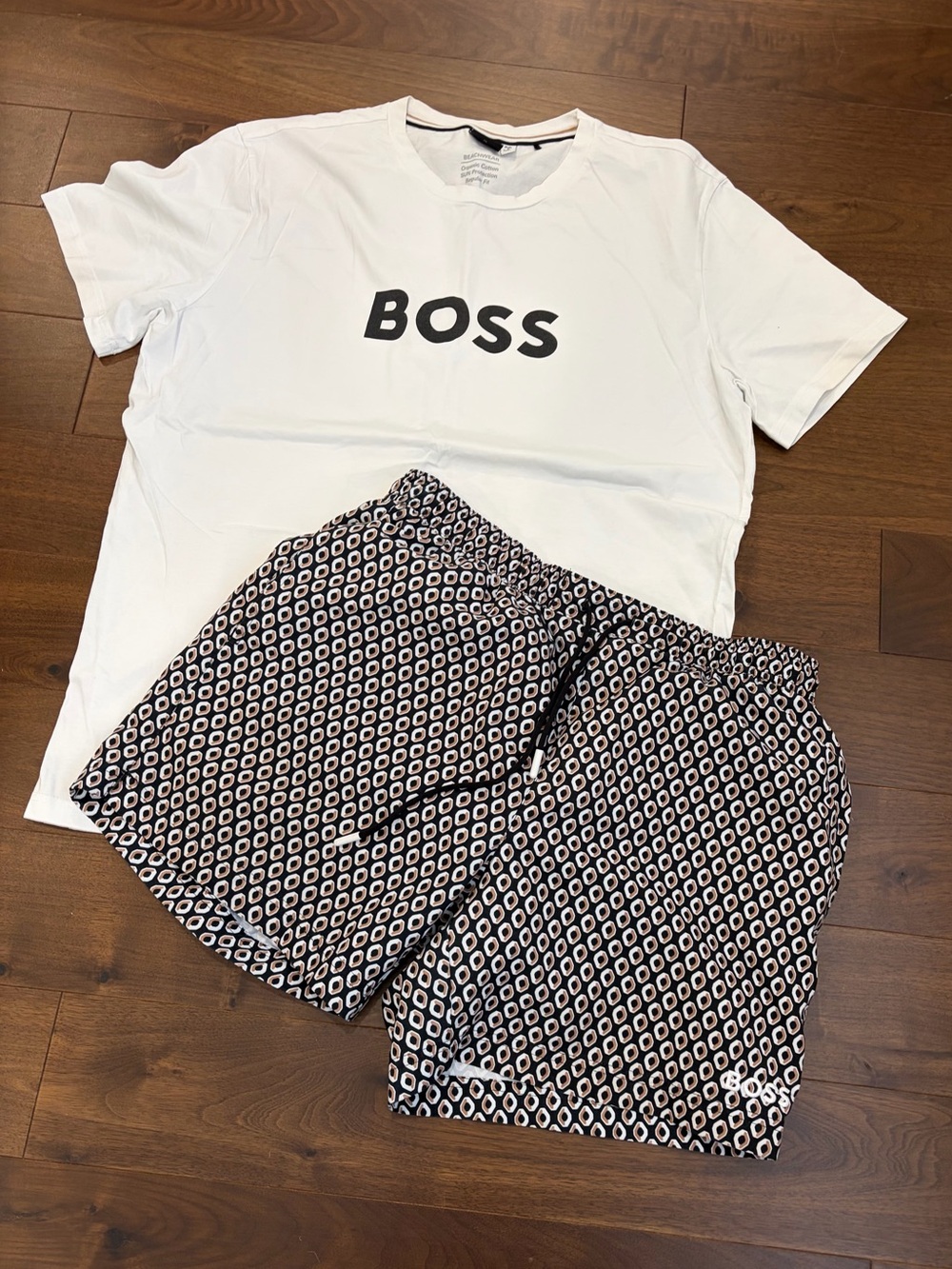 Boss White Logo Tee with Black Patterned swim Shorts